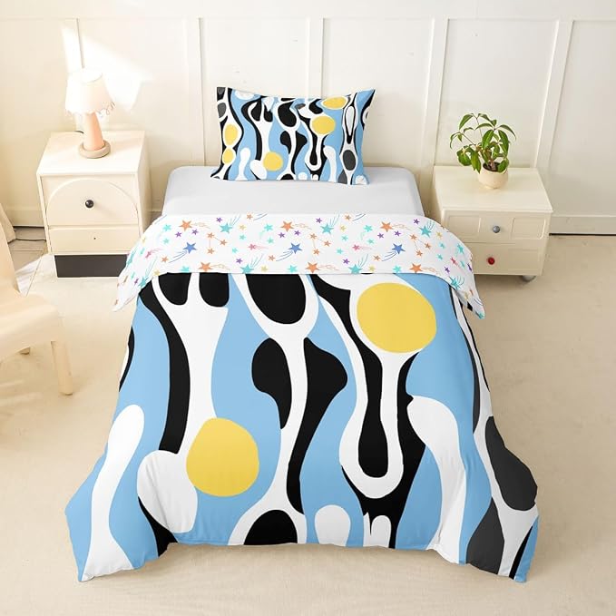 Erosebridal Mid Century Modern Abstract Duvet Cover Set Vintage Geometric Girl Toddler Bedding Set for Teenage Boys Contemporary Organic Shapes Comforter Cover Squiggle Blob Bed Sets,Blue Yellow