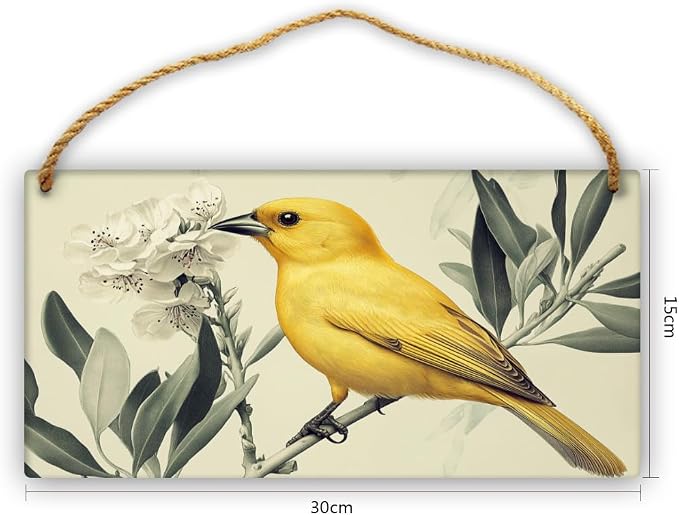Whimsical Vintage Yellow Bird & Flowers Wooden Wall Art, Retro Home Decors for Nature Admirers, 12x6 Inch Wood Sign to Bring Retro Charm Indoors