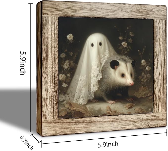 Cute Ghost and Opossum Wooden Block Sign - Charming Halloween Decor, Rustic Wooden Plaque for Home, Office, Fall, Gift for Halloween Fans