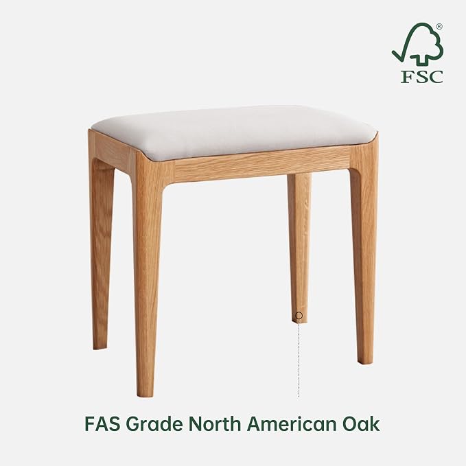 Vanity Stool, Oak Wood Vanity Chair, Wooden Chair for Vanity with Upholstered Cushions for Living Room, Bedroom, Gray