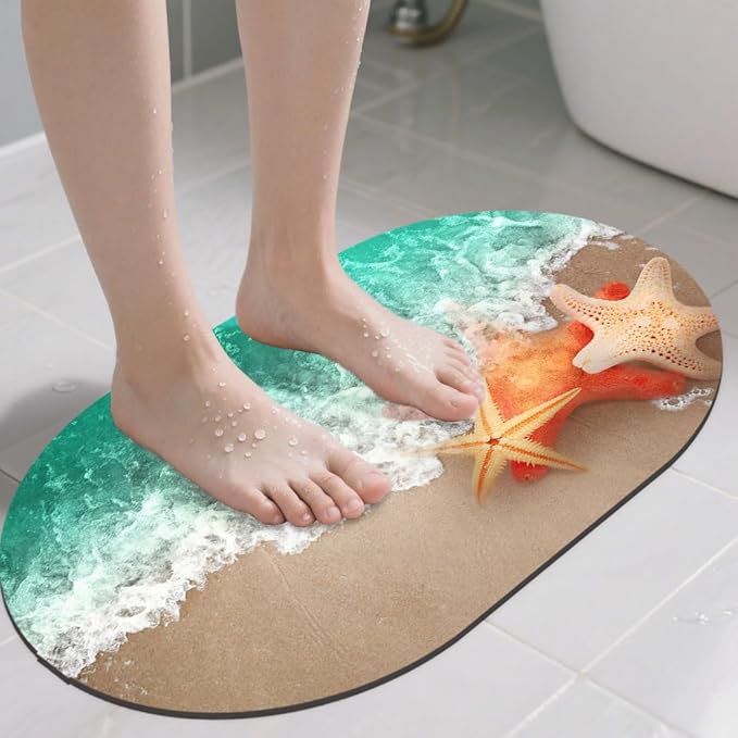 Summer Beach Oval Bath Mat Starfish and Seashell Diatomaceous Mud Mats with Rubber Backing Ultra Soft Washable 23.6"×15.7" Quick Dry Thin Bath Rugs for Bathroom Floor Bathtub Vanity Easy Care