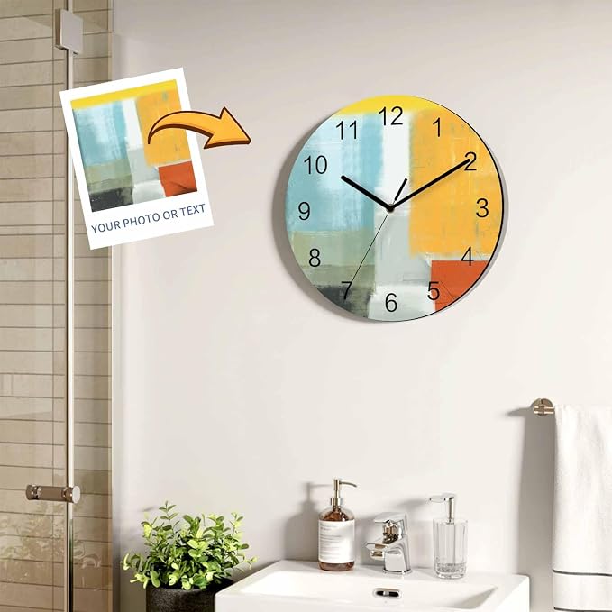 Abstract Painting Art Style Orange Blue Yellow Grey Red Wall Clock Battery Operated Non-Ticking 12" Round Wood Clocks, Kitchen Wall Clock for School Bathroom Living Room Home Office Wall Decor