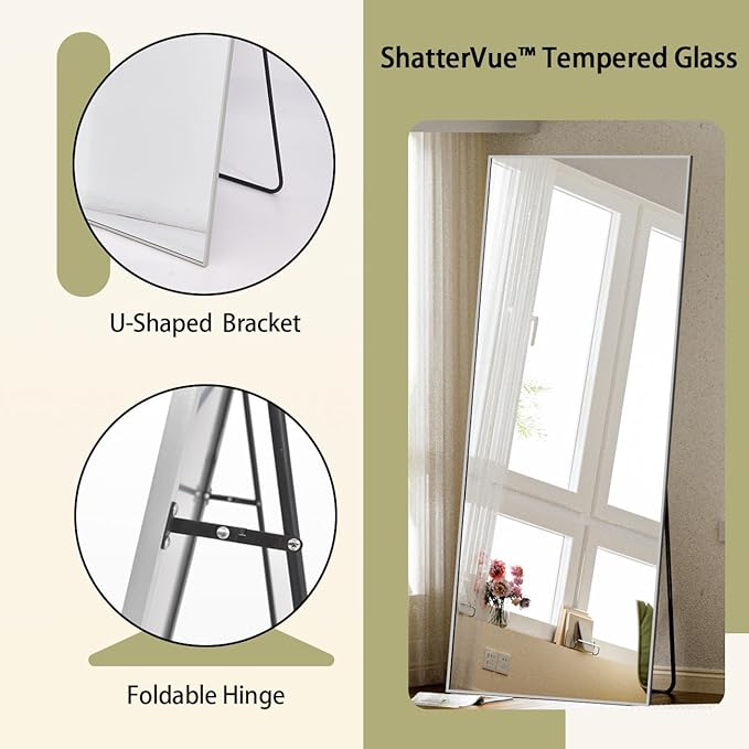 BEAUTYPEAK Full Length Mirror, 71"x26" Standing Hanging or Leaning Against Wall Floor Mirrors Body Dressing Wall-Mounted for Living Room, Bedroom with Aluminum Alloy Thin Frame, Sliver