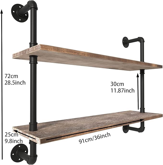 HDDFER Pipe Shelves Industrial Pipe Shelving Shelves Real Wood Industrial Floating Pipe Shelves with Wood Planks 36 inch Wall Shelves Rustic Hanging Bookshelf Farmhouse Kitchen Bar Shelving