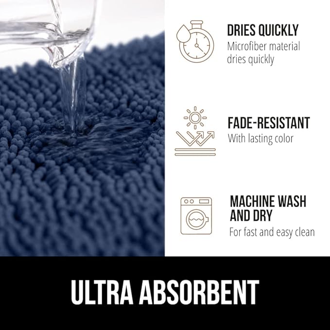 GORILLA GRIP Bath Rug Mat 30x20, Thick Soft Absorbent Chenille, Quick Dry Microfiber Mats, Rubber Backing Washable Shower Floor Rugs, US Designed Bathroom Bathmat Home Decor Accessories, Navy Blue