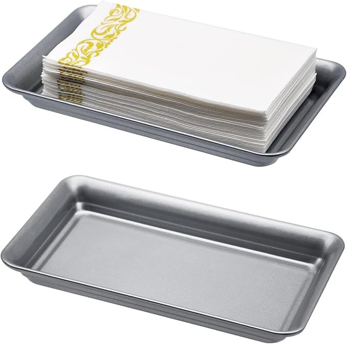 SheeChung Metal Vanity Tray, 2 Pack Guest Hand Towel Storage Tray, Farmhouse Countertop Organizer Decor, Sturdy Vintage Holder for Perfume, Cosmetics, Jewelry, Makeup, Bathroom- Grey