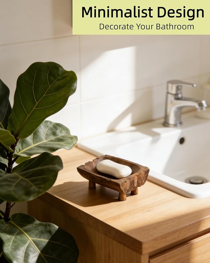 Large Rustic Teak Wood Soap Holder, Farmhouse Wooden Soap Dish,Decorative Bathroom Shower Soap Holder, Handmade Kitchen Countertop Soap Stand with Draining Holes