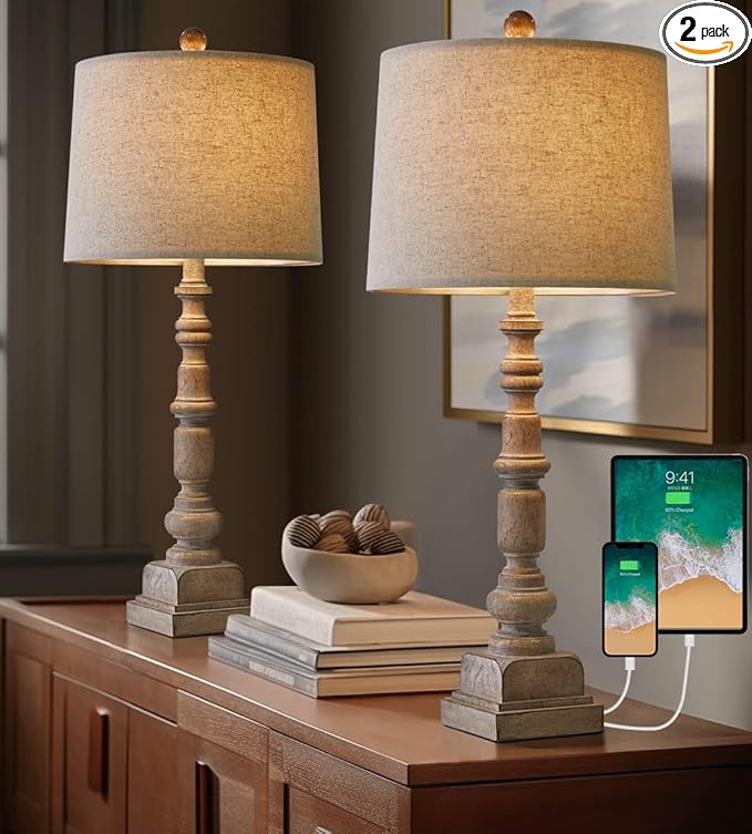 Oneach 27.75" Vintage Farmhouse USB Table Lamps Set of 2 for Living Room Bedroom Traditional Bedside Nightstand Lamp with Dual USB Port Resin Table Lamp with Rotary Switch for Living Room Bedroom