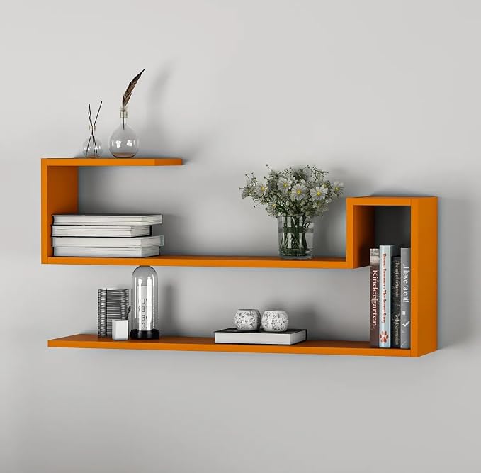 Geometric Wall Shelf: Modern MDF Floating Bookshelf (Orange)
