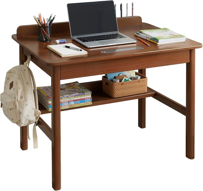 Solid Wood Study Desk & Home Office Writing Table with Drawers, 31" Vintage Mid Century Modern Computer Desk, Home Office Workstation for Bedroom, Small Spaces, Apartment(Walnut,31.5 Inch Wide)