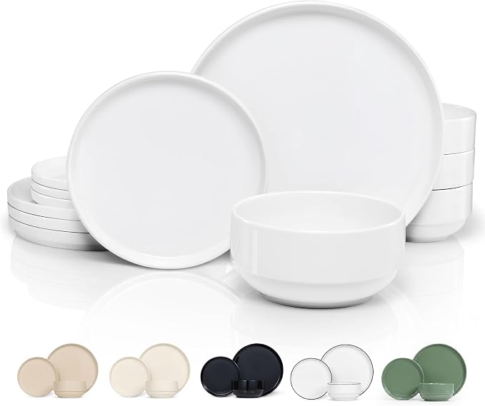 Ceramic Dinnerware Set, 12-Piece Service for 4, Soup Bowls (31.5 oz), Salad Plates (7.5"), Dinner Plates (10.5"), Round, Microwave and Dishwasher Safe, White, Cambridge Classics