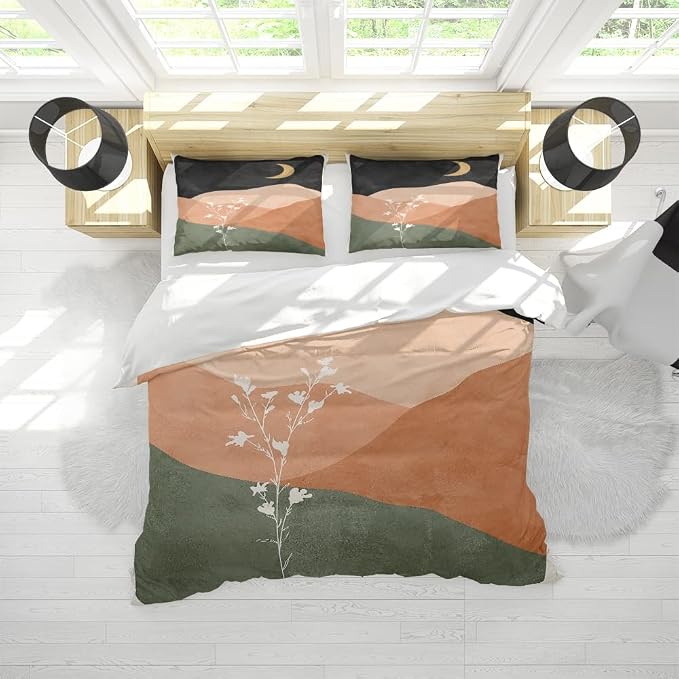 Modern Abstract Mid Century Duvet Cover Queen Size,Burn Orange Boho Bedding Set 3 Pcs Bohemian Sun Moon Art Duvet Cover Sets for Shabby Chic Home Soft Comforter Cover Set with 2 Pillowcase