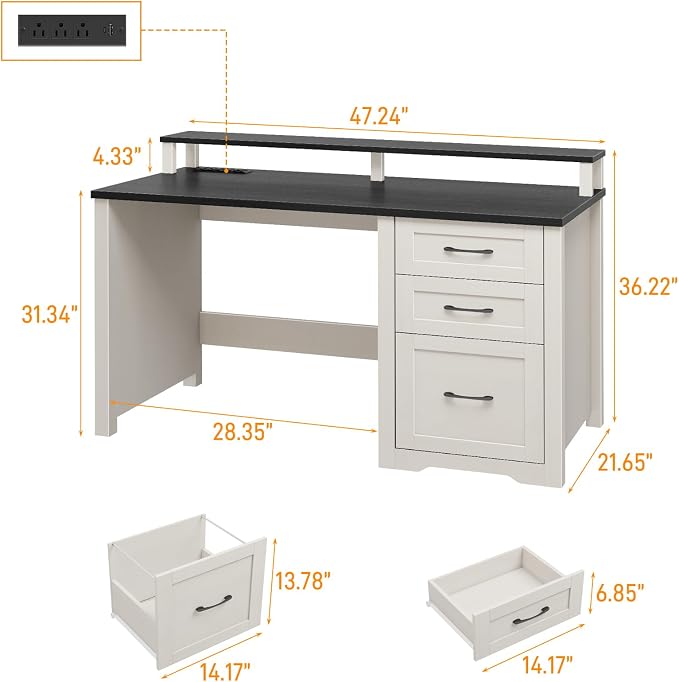 Vabches 47" Farmhouse Executive Desk with Monitor Stand & File Cabinet,3 Drawers Computer Desk with LED Lights and Power Outlets,Workstation for Home Office, Study,Writing,Black