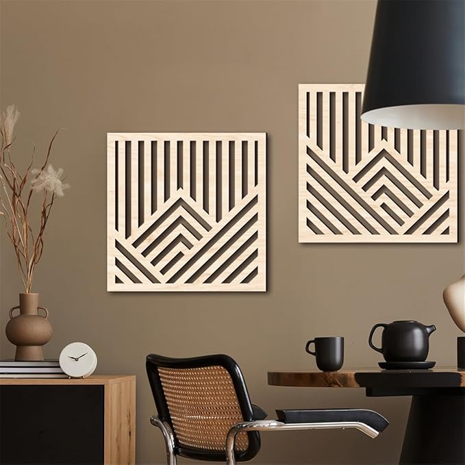 Geometric Mountain Wood Wall Art Decor, 2 Pcs Modern Mountain Wall Sculptures Wooden Square Hanging Abstract Panels, 3D Square Hollow Wood Art Wall Decor for Home Office Living Room Bedroom (Beige)