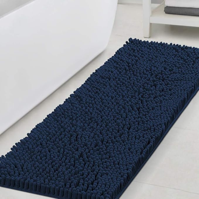 H.VERSAILTEX Bath Mat Non Slip Luxury Chenille Bathroom Runner Rug 47x17 Extra Soft Absorbent Shaggy Rug Washable Dry Fast Area Carpet Mat - Navy