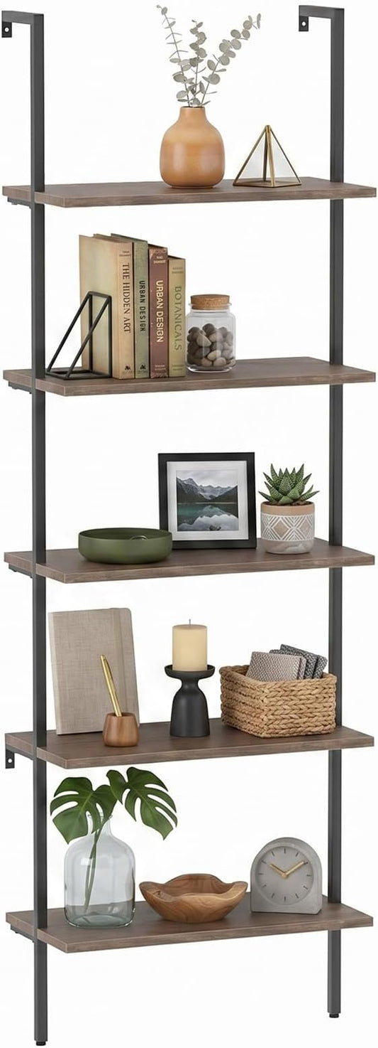 aboxoo Ladder Shelf Open Bookshelf 5-tier Wood Wall-mounted Bookcase Storage Rack Open Back Industrial Modern Plant Flower Stand Utility Organizer Bookcase Metal Frame Furniture Office Kitchen Bedroom