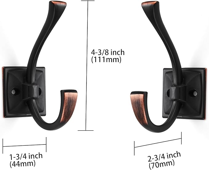 Large Wall Hooks 5 Pack Oil Rubbed Bronze Coat and Towel Hooks for Coats, Robes, Key and More - 4.35 Inch Double Hooks with Screws for Wall Mounting