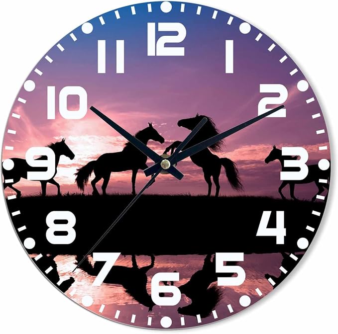 Horses Sunset Wall Clock Battery Operated Horses with Water Reflection Wall Clock Silent Non Ticking Quality Quartz 10 Inch Round Easy Clock to Read for Home Office