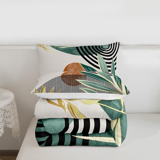 Erosebridal Boho Mid Century Comforter Set King Modern Abstract Geometric Bedding Set,Retro Minimalist Aesthetic Down Comforter Line Art Duvet Insert for Women Men,Green Room Decor