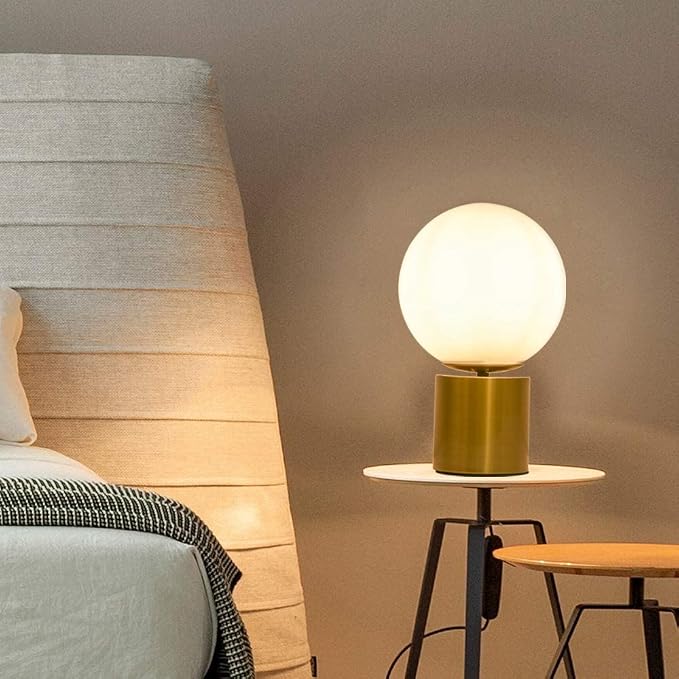 SOTTAE 11 Inch Modern Gold Globe Table Lamp,Vintage Mid Century Round Table Lamp with Milk White Glass Shade Metal Base for Bedroom Bedside Lamp Living Room End Table