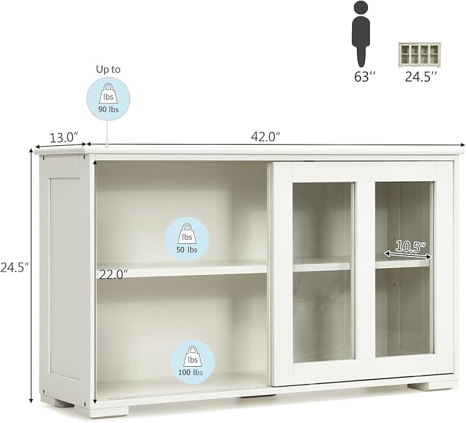Byroce Sideboard Buffet Cabinet, Stackable Storage Coffee Bar Cabinet w/Adjustable Shelf & Glass Sliding Doors, Wood Cupboard Credenza Console Table for Kitchen Dining Living Room (1, Antique White)
