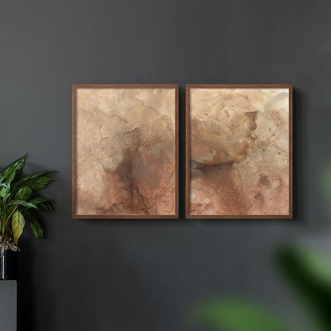 Renditions Gallery Set of 2 Peel & Stick Framed Prints, Abstract Wall Art, Brown Textured Marble Design Re-Stickable - Ready to Hang - 22"x28" - Walnut Frame LT588