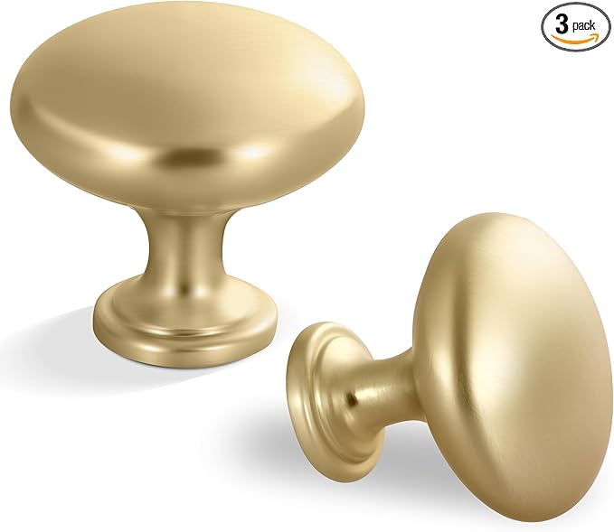 Lardmon 3 Pack Brushed Gold Round Cabinet Knobs 1.2 Inch(30.5mm) Dia. Drawer Knobs Modern Single Hole Cabinet Pulls Solid Kitchen Knobs Cabinet Handles Heavy Duty Kitchen Hardware for Dresser