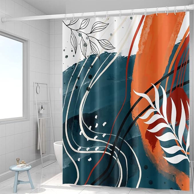 Mid Century Boho Shower Curtain 65Wx72H Abstract Eucalyptus Leaves Navy Blue and Coral Color Shower Curtains Modern Aesthetic Art Fabric Waterproof for Bathroom Decor 12 Plastic Hooks