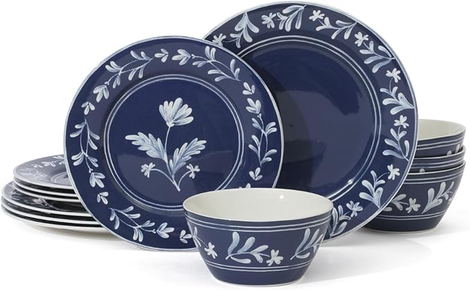 Martha Stewart Maiden Crown 12-Piece Sky Blue Dinnerware Set – New Bone China Ceramic Plates & Bowls – Floral Design – Service for 4 – Microwave & Dishwasher Safe