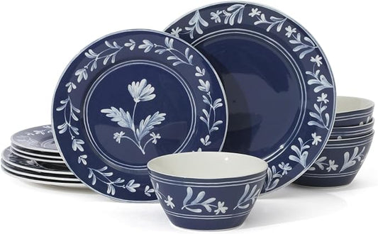 Martha Stewart Maiden Crown 12-Piece Sky Blue Dinnerware Set – New Bone China Ceramic Plates & Bowls – Floral Design – Service for 4 – Microwave & Dishwasher Safe