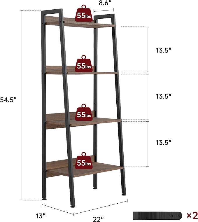 Ladder Shelf, 4 Tier Ladder Shelf, 22” Wide Tower Storage Shelf for Books, Anti Tip Feature, Steel Frame, Perfect for Bookshelf, Plants, Kitchen, Living Room, Office, Walnut