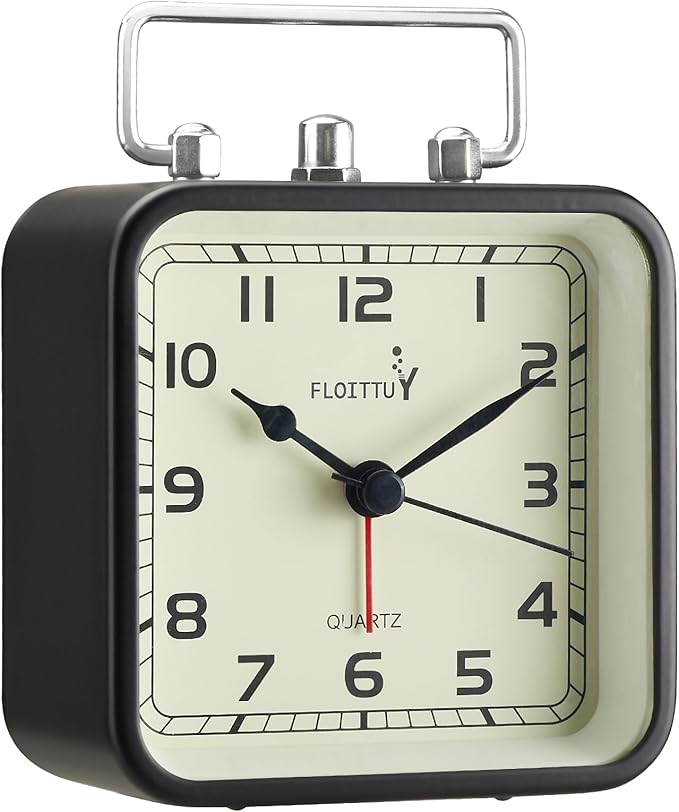 FLOITTUY Square Metal Beep Alarm Clock Silent No Ticking, Snooze and Battery Operated, Night Light and Desk Clock for Bedroom/Travel/Kids, Easy Set(Black)