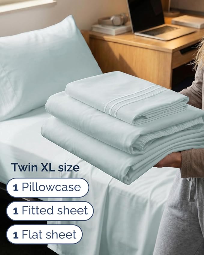 Twin XL Size 3 Piece Sheet Set - Comfy Breathable & Cooling Sheets - Hotel Luxury Bed Sheets for Women & Men - Deep Pockets, Easy-Fit, Soft and Wrinkle Free Sheets - Ice Blue Oeko-Tex Bed Sheet Set