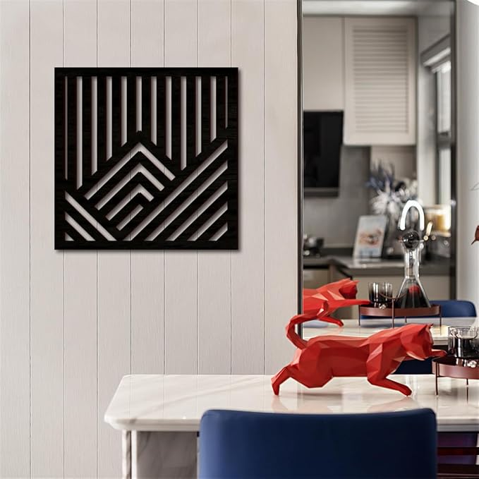 Geometric Mountain Wood Wall Art Decor, 2 Pcs Modern Mountain Wall Sculptures Wooden Square Hanging Abstract Panels, 3D Square Hollow Wood Art Wall Decor for Home Office Living Room Bedroom (Black)