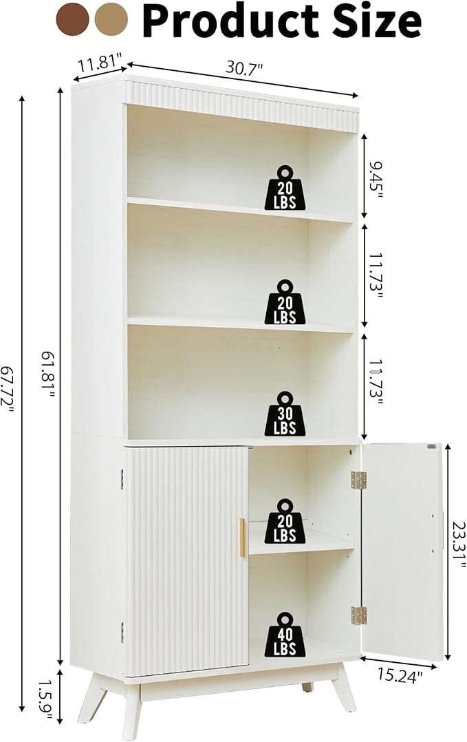 68" Fluted Tall Bookcase with Storage Cabinet,Mid-Century Modern 5-Tiers Arched Bookshelf Cabinet with Doors,Arched Bookcase with Open Display Storage Shelf for Home Office Bedroom Living Room, Beige