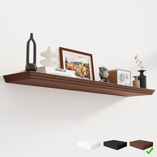 Fun Memories Floating Shelves 48 Inch Long, 9.3 Inch Deep Classic Crown Molding Floating Shelves for Wall, Rustic Wooden Shelves for Wall Decor Bathroom, Kitchen, Office, (Walnut, 1Pack)