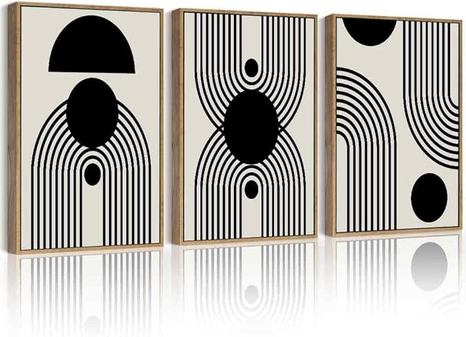 Drsoum Black Abstract Boho Wall Art Framed Modern Bohemian Wall Decor Geometry Lines Prints Ready to Hang 12x16in Natural Framed