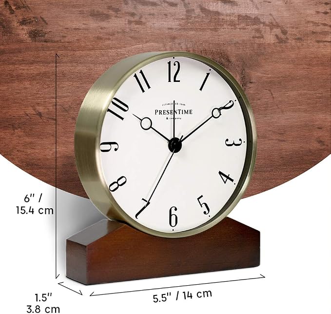 Presentime & Co Mozart Mantel Alarm Clock, Desk and Shelf Clock, Tabletop Decoration, 6 x 5.5 inch, Silent no Ticking, Wooden Base, Walnut Finish, Golden Color, Arabic Numeral
