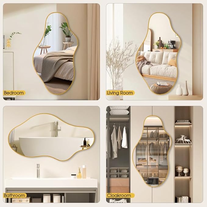 Irregular Wall Mirror 20×36 Inch Wall Mirrors Decorative Gold Modern Asymmetrical Abstract Mirror for Bathroom Bedroom Living Room Entryway Hallway