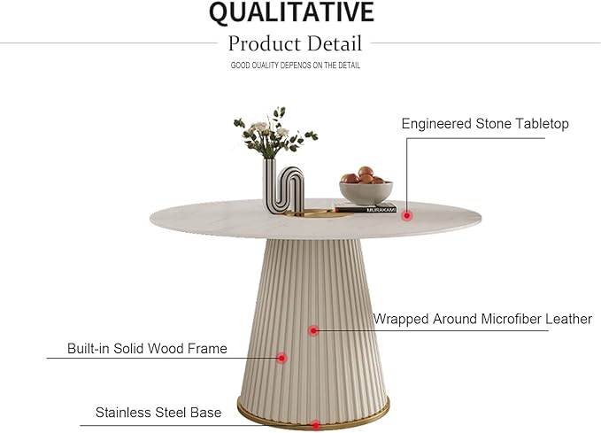 53'' Marble Round Dining Table, White Sintered Stone Tabletop and Cylindrical Base, Modern Dining Room Table for 4-6