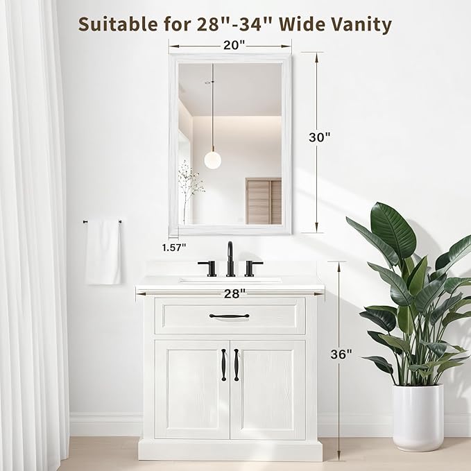 White Wood Effect Framed Wall Mirror, 20x30 Rectangle Mirror, 1/8" Anti-desilvering Tempered Glass, Sustainable& Sturdy Frame, Anti-Rust, HD Reflection &3min Fast Setup for Bathroom Living Room