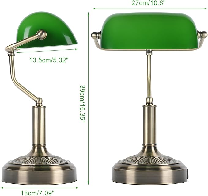 Vintage Bankers Lamp, Green Glass with Antique Brass Finish, USB & Type-C Charging Ports, 3-Way Dimmable Touch Control Desk Lamp for Home Office, Piano, Library (Brass+Green)