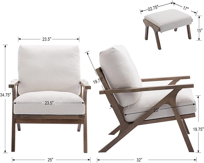 HNY Mid Century Modern Accent Chair with Ottoman, Farmhouse Linen Upholstered Living Room Armchair and Ottoman Set, 23" Seat Wide Retro Leisure Lounge Chair with Wood Frame for Home, Bedroom, White