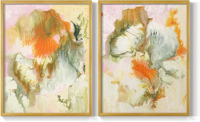 Renditions Gallery Set of 2 Peel & Stick Framed Prints, Modern Abstract Wall Art, Mix Color Oil Paint Design Wall Decor, Re-Stickable - Ready to Hang - 8"x10" - GOLD Frame LT588