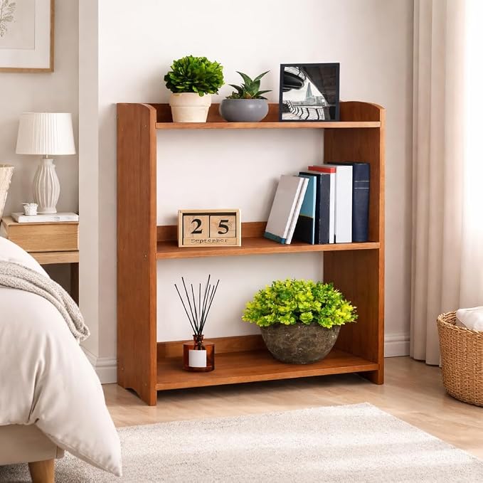 Narrow Bookcase by Natural Wood, 3 Tier Bookshelf, Small Book Shelves Freestanding Display Storage Shelves. Open Bookshelf for Bedroom, Living Room and Office (Brown, 3 Tier Simple)