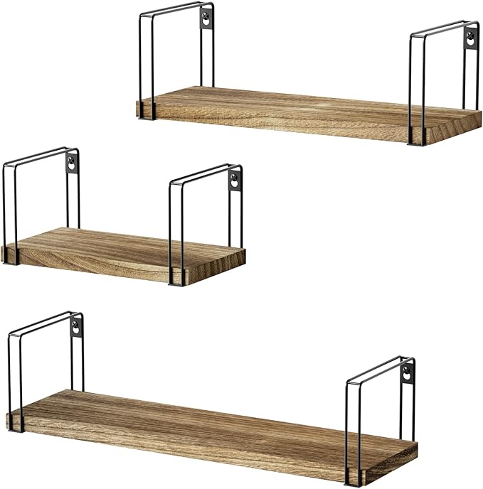 SRIWATANA Rustic Floating Shelves, Hanging Shelves Wall Mount Set of 3, 17 Inch Wood Shelves for Decor, Bedroom, Bathroom, Laundry Room, Living Room, Kitchen, Office - Carbonized Black