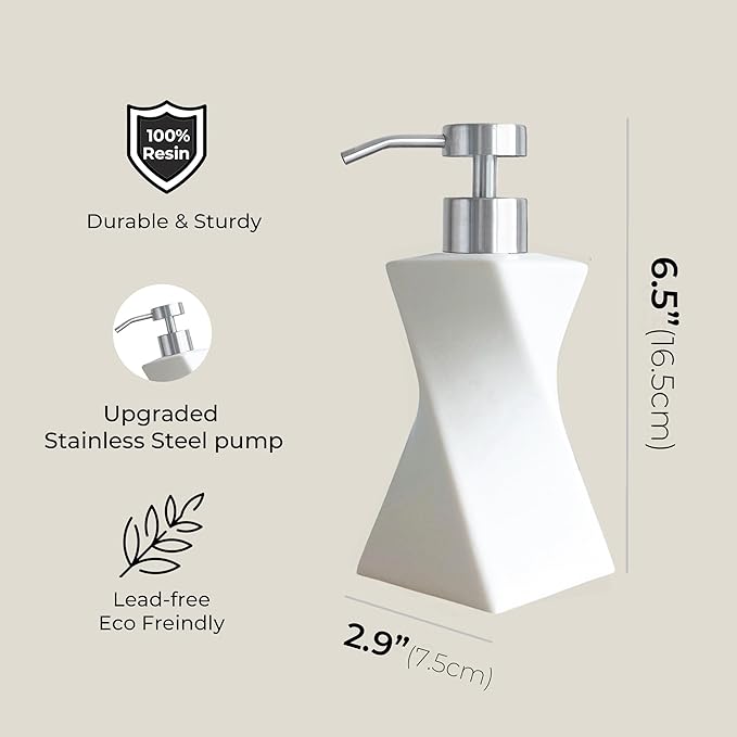 Modern White Hand Soap Dispenser with Stainless Steel Pump for Bathroom Countertop, Dish Soap Dispenser for Kitchen Sink, Contemporary Art Style, Matte Finish, 8.5oz (Arctic White)