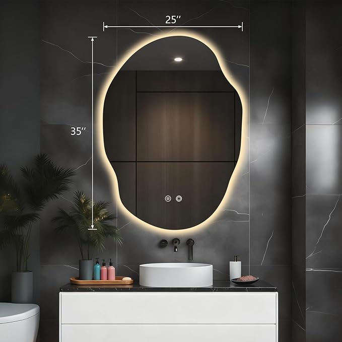 Asymmetrical Bathroom Mirror with Lights,Irregular LED Bathroom Vanity Mirror with Backlit,Anti-Fog,3 Colors and Dimmable Light with Memory,Hardwired Supported[Horizontal/Vertical] 35" H x 25" W