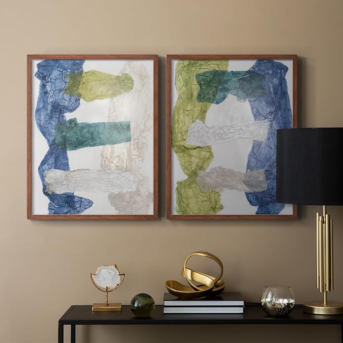 Renditions Gallery Set of 2 Peel & Stick Framed Prints, Elegant Abstract Wall Art, Dyed Cloth Texture Wall Decor, Re-Stickable - Ready to Hang - 16"x20" - Walnut Frame LT588