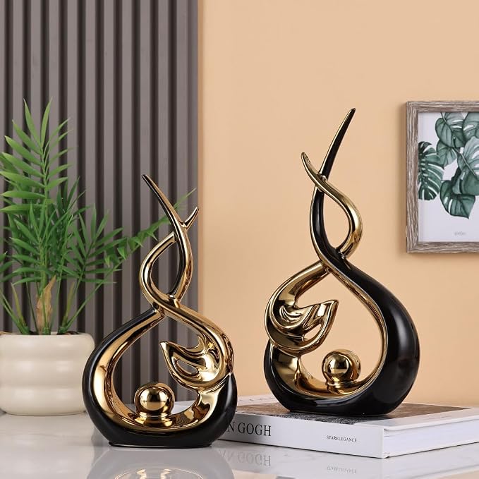 QIANLING Home Decor Modern Abstract Art Ceramic Statue - Black and Gld Ceramic Sculpture, Dining Table Centerpiece Decor, Decoration for Home Decor Living Room Entryway Table Bookshelf Mantle Shelf